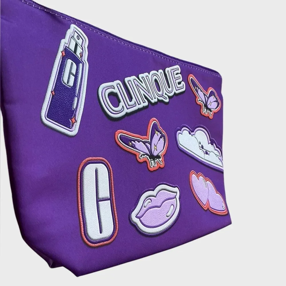 Clinique Purple Cosmetic Bag Makeup Pouch Butterfly Patch Travel Toiletry Bag